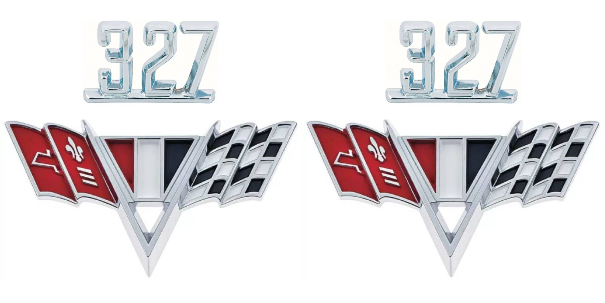 Chevy 327 V-Flag Fender Emblem Set - Fits Chevy II, Chevelle, Camaro - Includes Nuts-306849